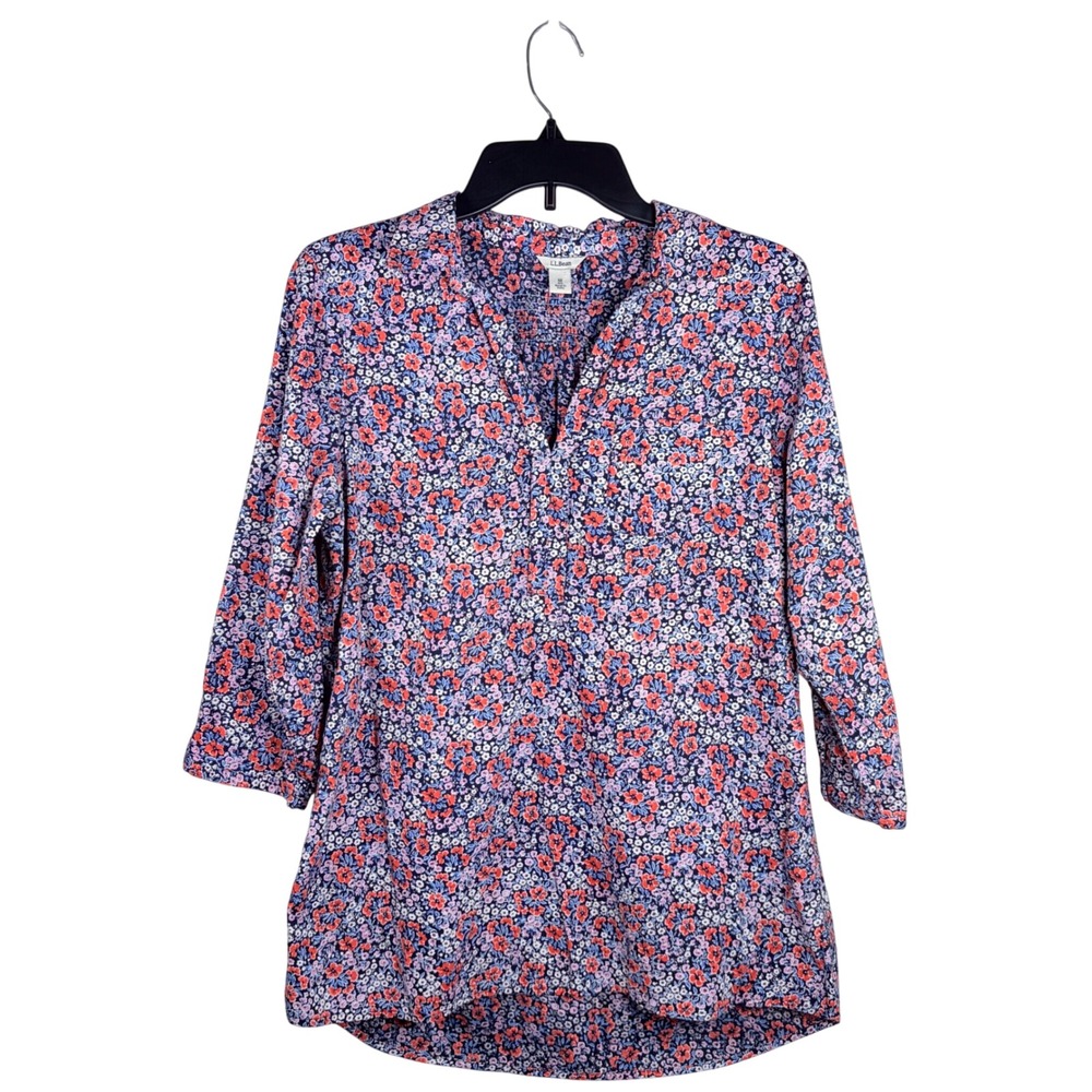 LL Bean 100% Cotton Floral Smocked Split Neck Tunic Blouse Coral Navy Blue M